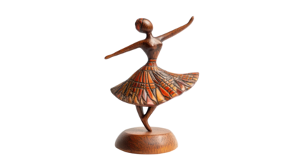 Wooden sculpture of a dancer elegantly performing on a wooden base with intricate colorful patterns.