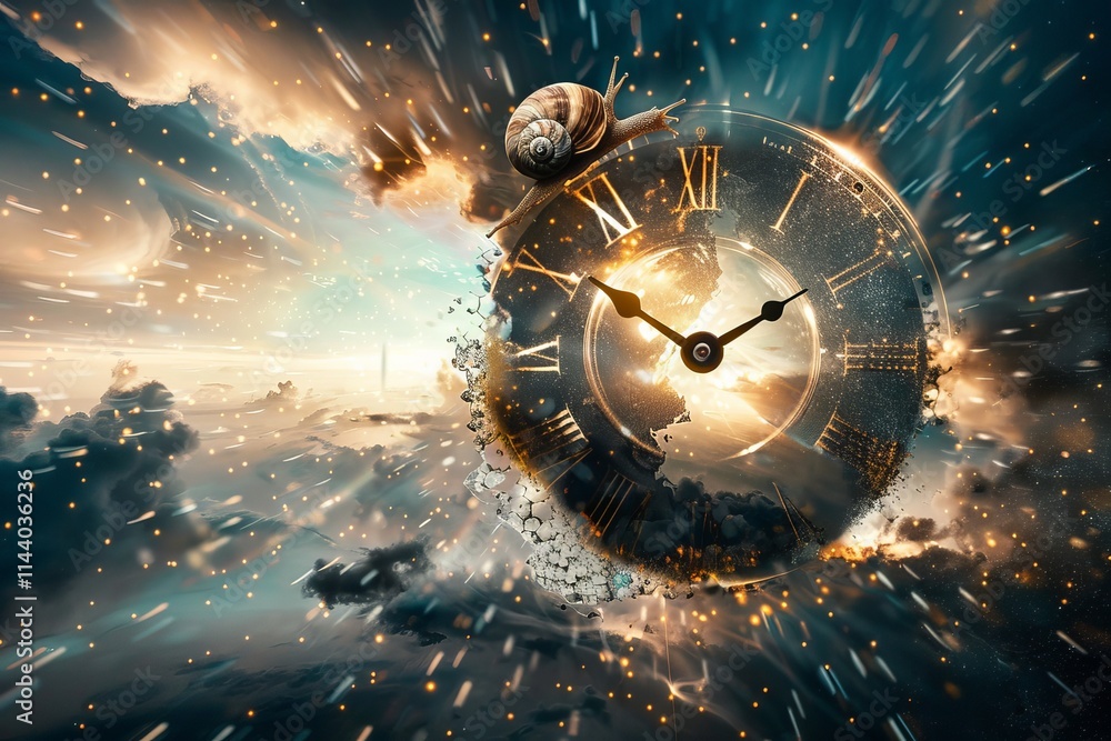 Aufkleber futuristic clock featuring spinning fractal dial and glowing snail in digital nebula setting