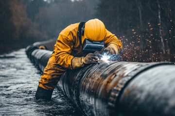 Welder in yellow suit welds a large pipe in the rain. Shows the demanding work of pipeline repair and maintenance.