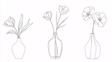 Elegant line drawings of vases with tulips and peonies in a minimalist style.