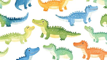 Colorful whimsical dinosaurs hand-drawn illustration pattern art. AI Generated