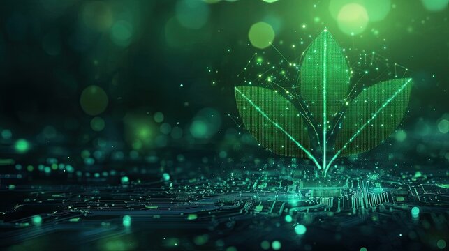 Eco-friendly circuit board plant symbolizing sustainable technology representing integration nature into digital technological solutions that reduce e-waste promote environmental responsibility