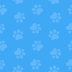 Seamless pattern of blue paw prints on a light blue background, creating a playful and animal-themed design for decorative or creative use.
