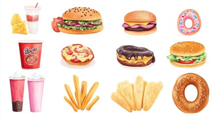 Delicious fast food and sweet treats illustration showcasing burgers, fries, drinks, and desserts in a colorful and appetizing layout.
