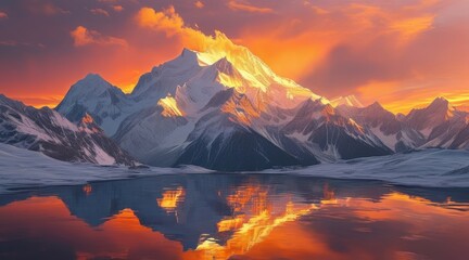 Majestic Snow-Capped Mountains at Sunrise, Golden Light Illuminating the Mountain Peaks.