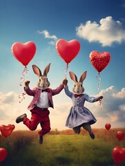 Two bunnies with heart-shaped hearts are jumping across the meadow