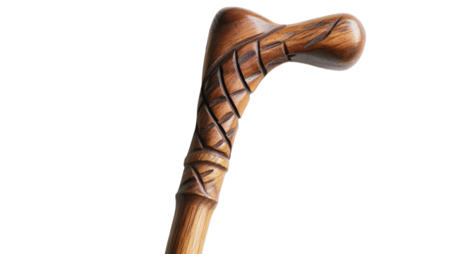 Intricately carved wooden walking stick with detailed designs against a transparent background.
