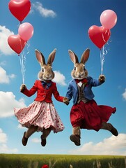 Two bunnies with heart-shaped hearts are jumping across the meadow