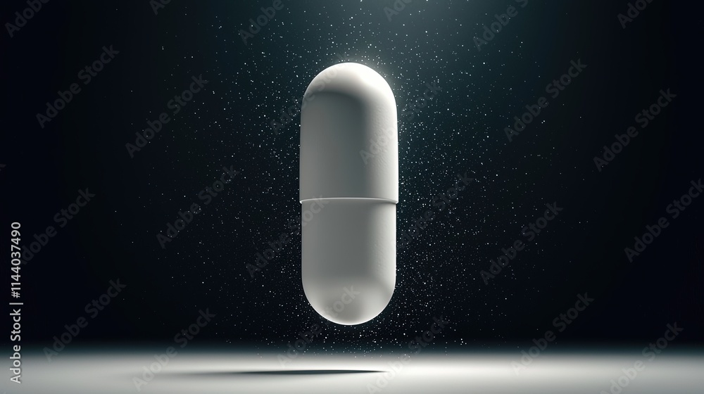 Poster floating white capsule surrounded by sparkling particles in dark background