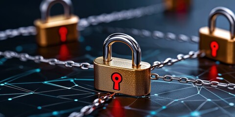 A close-up of padlocks connected by chains on a digital background, symbolizing security and data protection in the digital age.