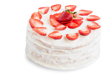 Homemade white cake with strawberries isolated on white background, white handmade festive cake decorated with strawberries, holiday food concept, copy space 