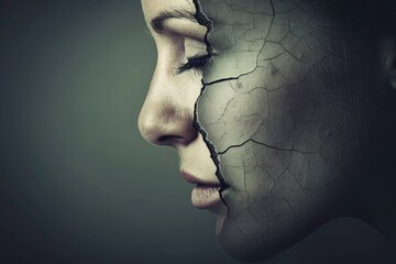 Woman peeling off a cracked mask, symbolizing the revelation of true self and hidden emotions