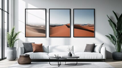 Modern living room featuring three stunning desert landscape prints in black frames.