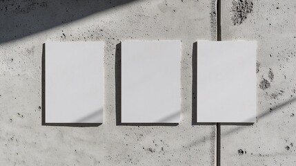 Three blank white sheets of paper on a textured concrete surface, creating a minimalist and modern aesthetic.
