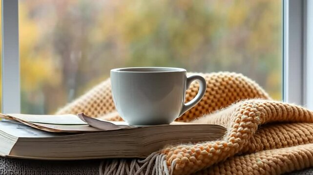 A book and a cup of coffee are on a chair by a window - Powered by Adobe