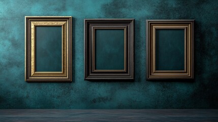 Three empty picture frames against a teal textured wall, showcasing elegance and a touch of classic design.
