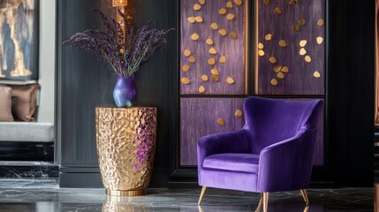 Golden vase on cabinet, fancy living room with purple chair