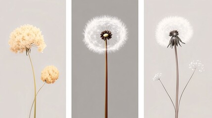 A minimalist triptych featuring delicate dandelions and fluffy floral blooms in soft tones of beige and white.