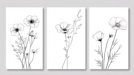Stylish black-and-white floral illustrations featuring elegant blooms and delicate stems, perfect for home decor.