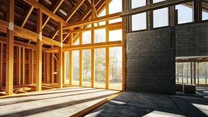 New Home Construction:  A glimpse of the future, a new home under construction with large windows and a bright, airy interior. Construction workers are not visible.