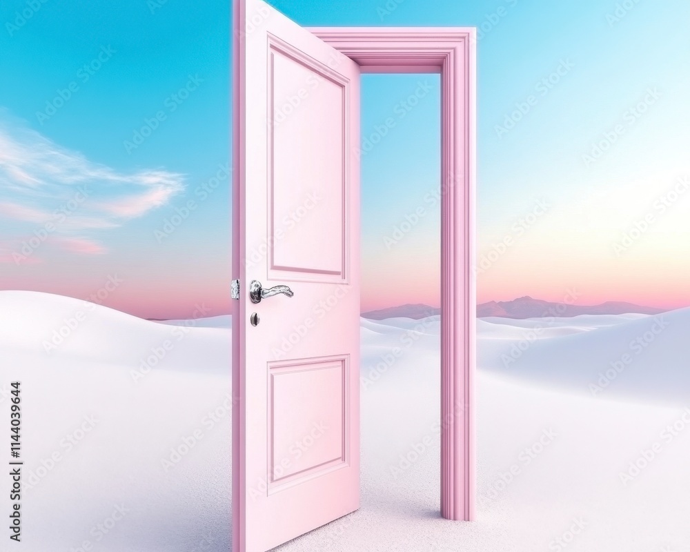 Canvas Prints Open pink door in a desert landscape at sunset.