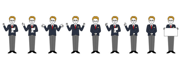 接客をする男性販売員のイラスト　男性のビジネスマンの全身イラスト