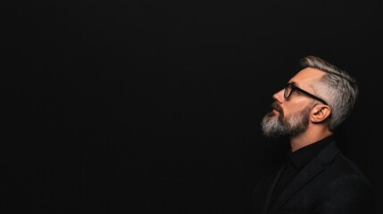 Profile of a stylish mature man with glasses against a black background.