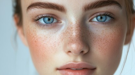 Fototapeta premium Close-up portrait of a young woman with freckles and blue eyes. (2)