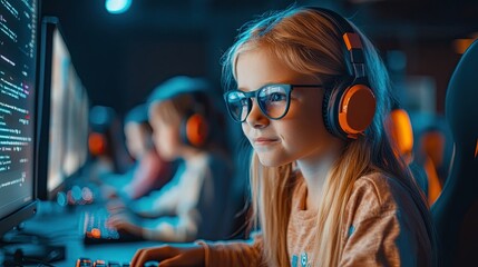 Elementary school children learning technology computer lab illustrating early exposure to digital literacy coding modern learning tools educational settings young learners