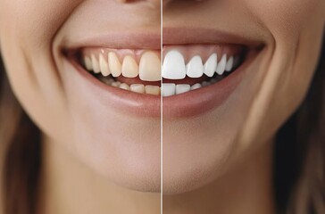  A before-and-after shot of the same person's teeth, showing one set with yellowing and another set with a bright white color. 