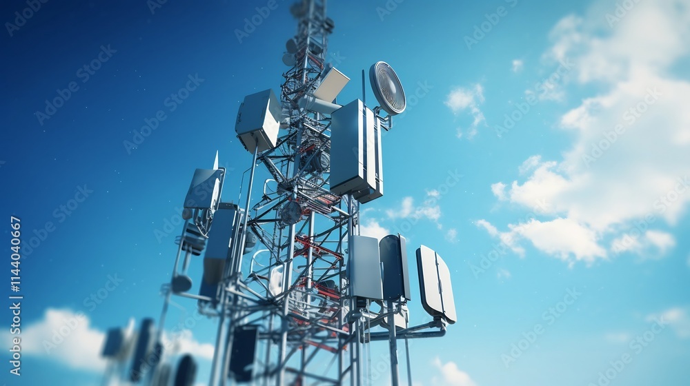 Poster futuristic and technologically advanced cell tower with high tech signal transmitters and antennas s
