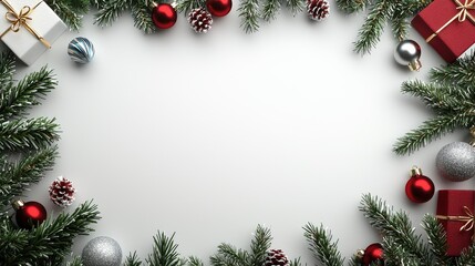 Festive Christmas Border with Gifts, Ornaments, and Pine Branches on White Background