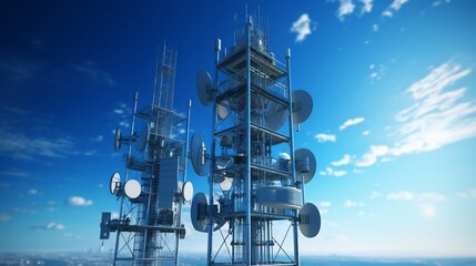 Close up View of a Sleek and Sophisticated Cell Tower with High Tech Signal Transmitters and a Picturesque Blue Sky Backdrop Highlighting the Advanced Communication Infrastructure
