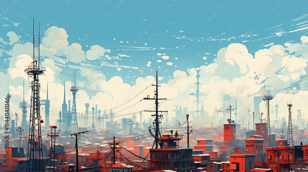 Poster illuminated city skyline dotted with various communication masts and antennas representing the techn