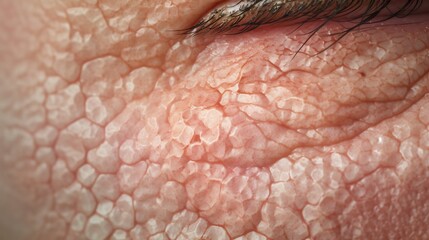 Fototapeta premium Extreme close up high view showcasing the scaly flaky and irritated texture of psoriatic skin on the face This medical skin condition is characterized by the buildup of dry rough