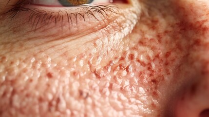 Fototapeta premium Detailed Close up View of Facial Skin Affected by Chronic Psoriasis Condition Showing Flaky Scaly and Reddish Texture Medical Dermatology and Skincare Concept