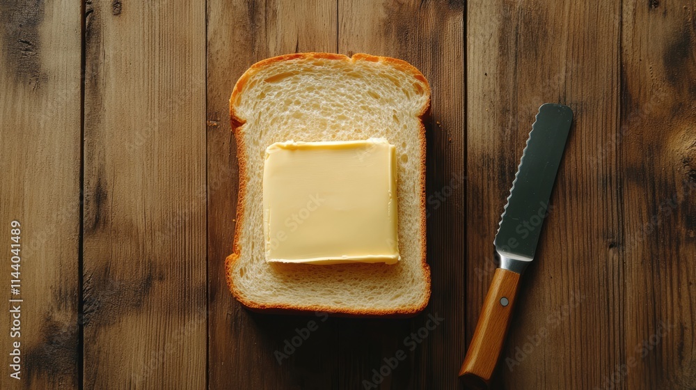 Aufkleber freshly sliced bread topped with a pat of butter and a knife on a rustic wooden table background for