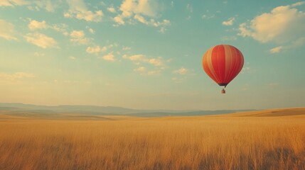 Obraz premium Red hot air balloon floats over golden wheat field under a blue sky.