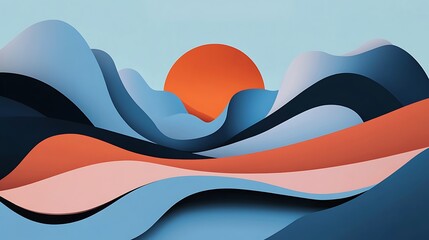 Stylized layered shapes against light blue backdrop digital painting.. AI Generated