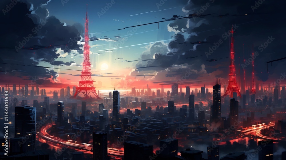 Poster a dynamic and captivating urban cityscape featuring sleek signal towers seamlessly integrated into t
