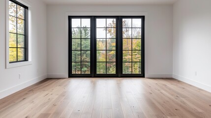 Fototapeta premium Modern Minimalist Interior with Large Windows Overlooking Autumn Foliage