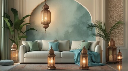 Modern Islamic-Themed Living Room Interior with Soft Cream Tones.