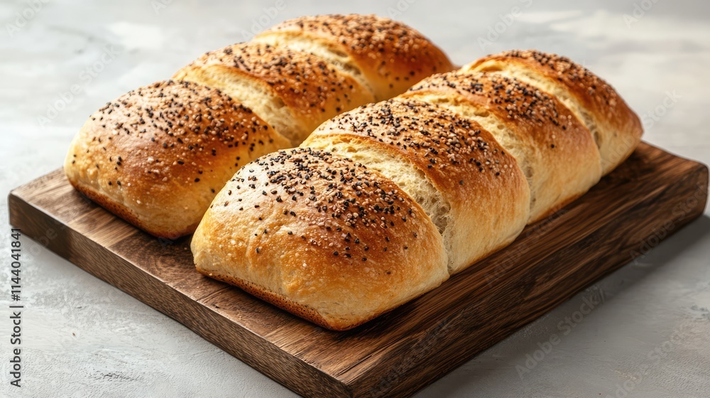 Poster freshly baked bread loaves on rustic wooden board with sesame toppings and soft light background ide