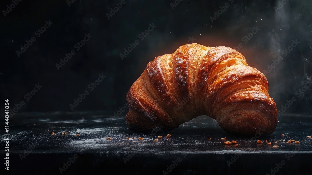 Poster golden croissant on a rustic black table with flour, highlighting its flaky texture and gourmet appe