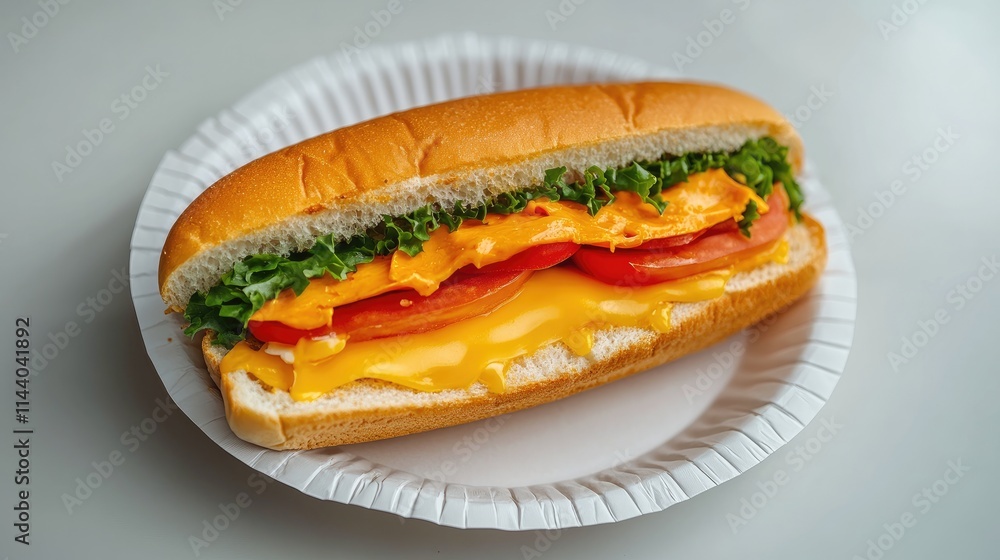 Poster delicious cheese and vegetable sandwich served on a paper plate with a blurred background showcasing