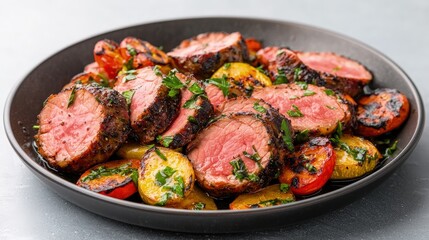 Grilled sliced beef tenderloin with roasted vegetables on a dark plate.