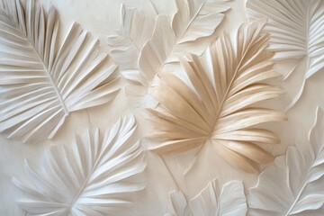 Beige and white carved tropical leaves on light background.
