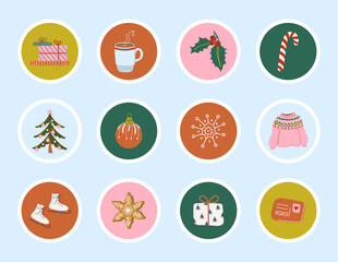 Cute printable Christmas stickers. Happy holidays elements set. Vintage collection of hand drawn doodle style vector illustrations.
