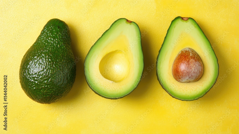 Aufkleber avocado varieties on bright yellow backdrop showcasing whole sliced and pitted stages in horizontal 