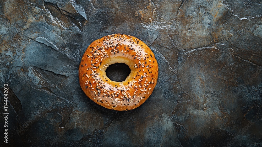 Aufkleber freshly baked sesame bagel resting on textured stone surface ideal for breakfast culinary presentati